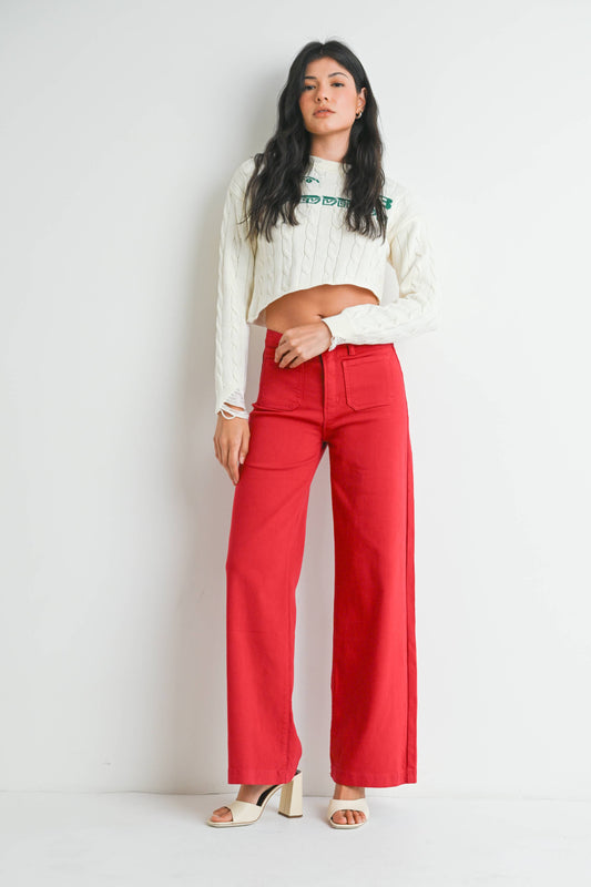 Patch Pocket Wide Leg Red Jean