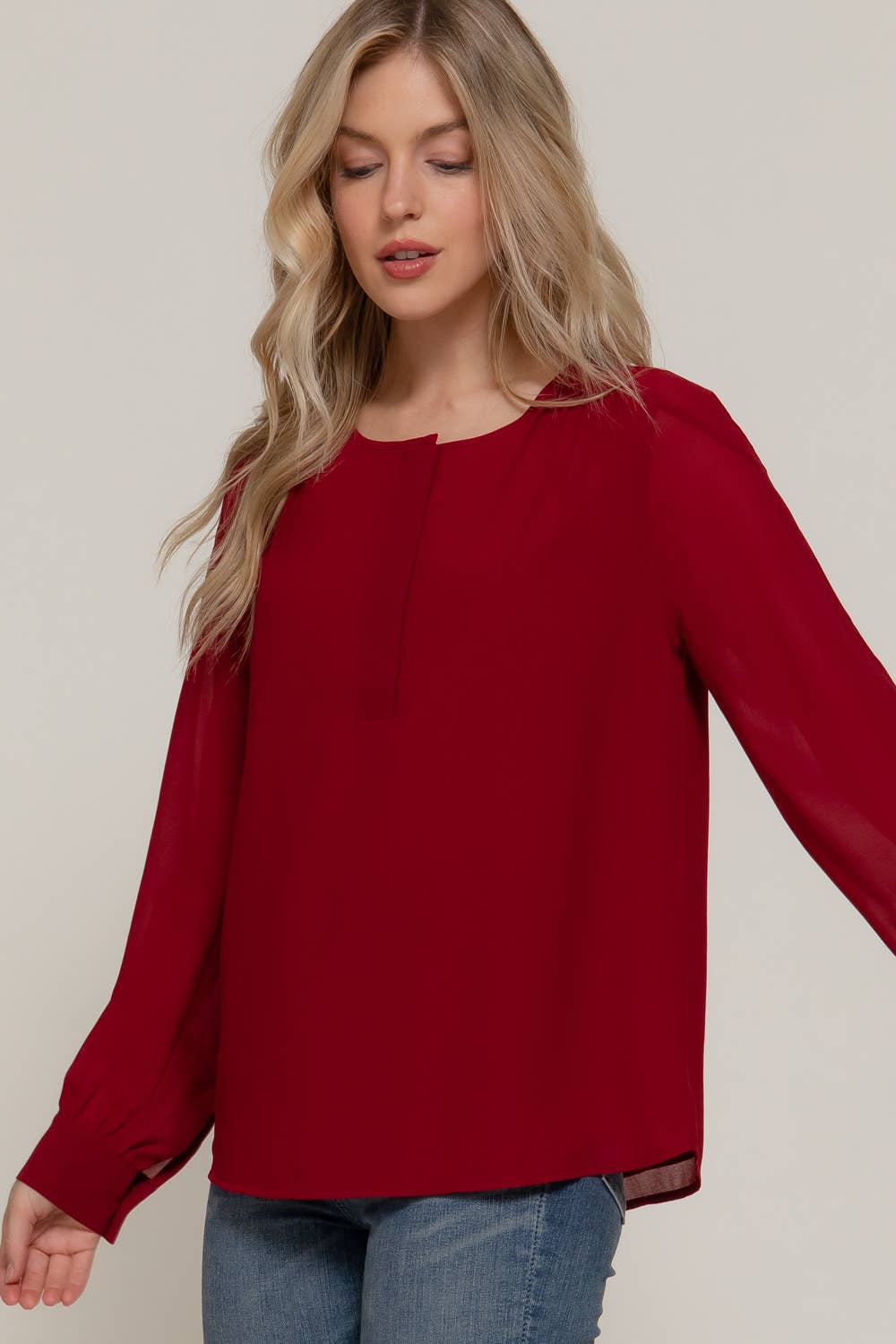 Long Sleeve Round Neck Chiffon Blouse