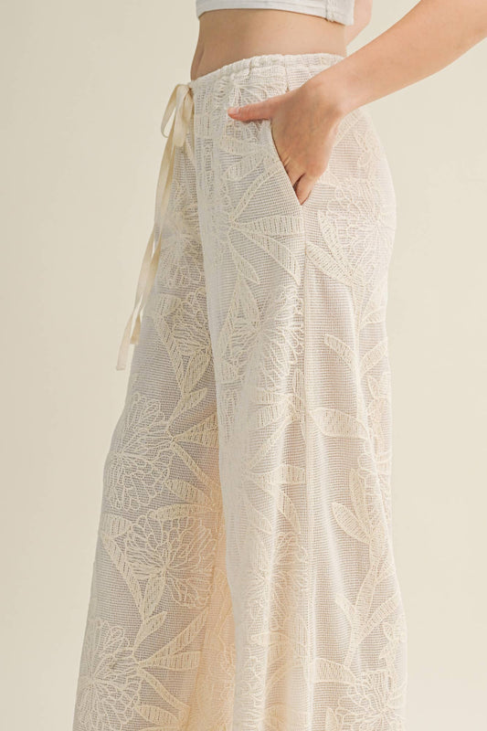 FAUX CROCHET WIDE LEG PANTS WITH WAIST DRAWSTRING