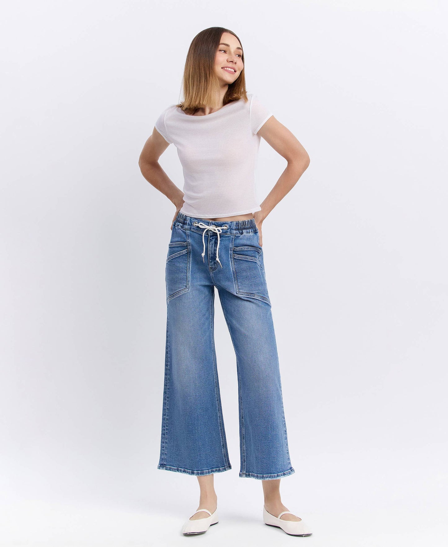 HIGH RISE DRAWSTRING WAISTBAND WIDE LEG JEANS