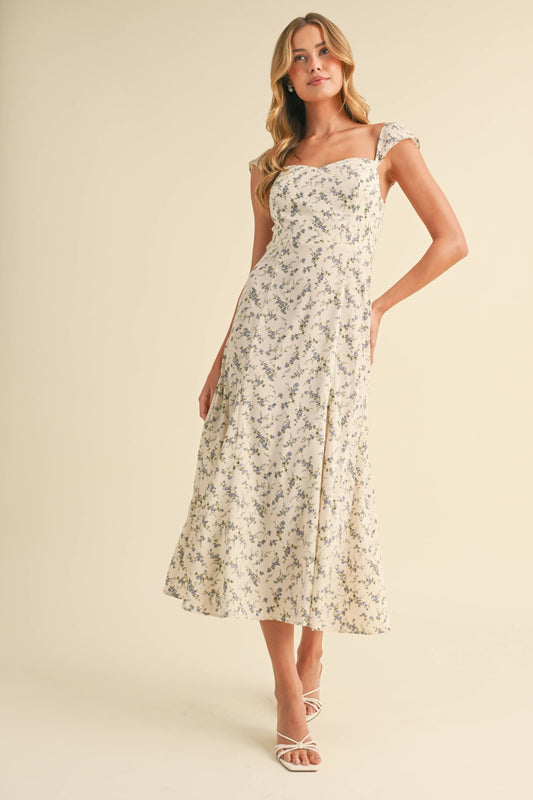 CAP SLEEVE FIT AND FLARE FLORAL PRINTED MIDI DRESS