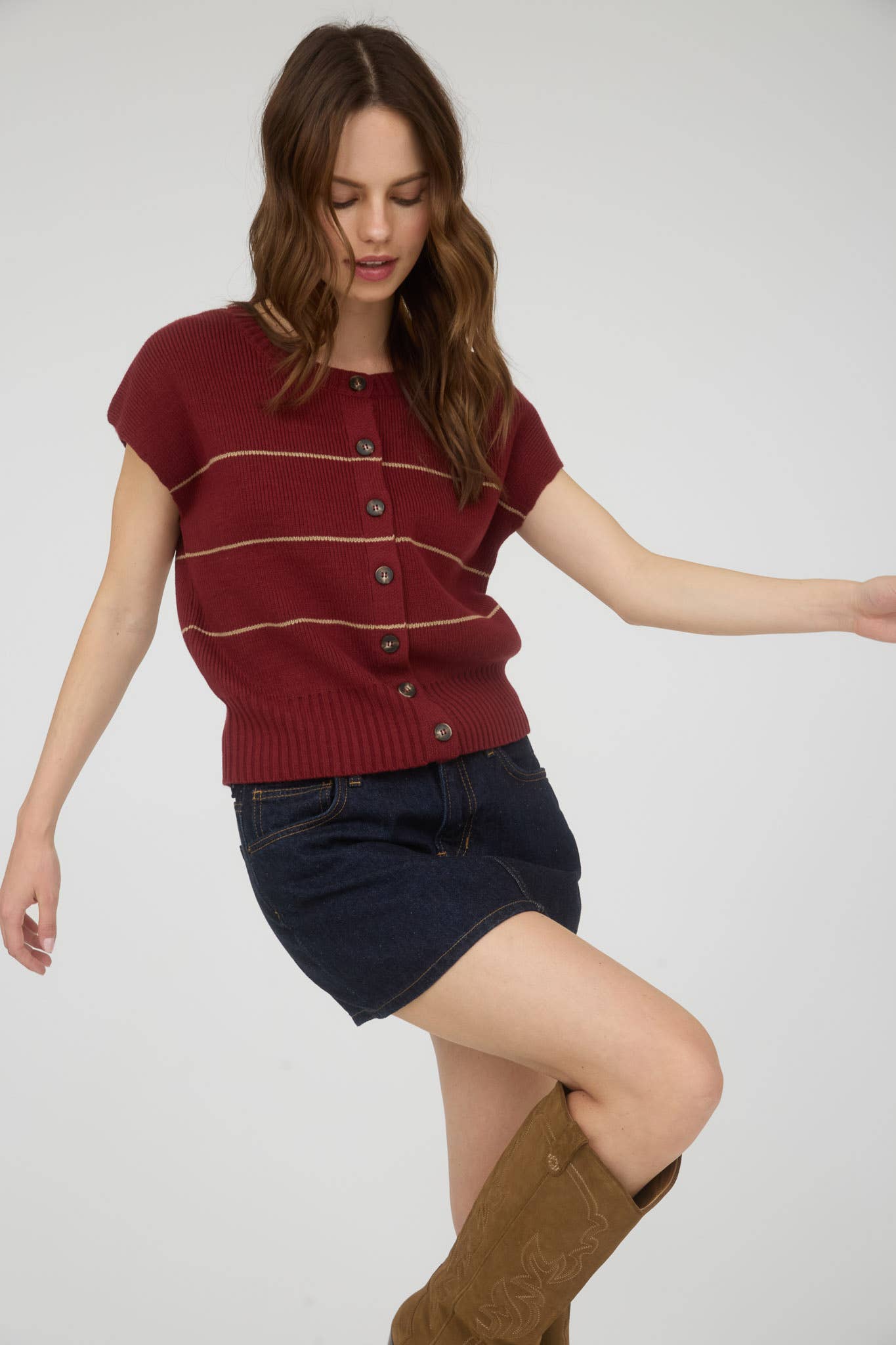 STRIPE BUTTON DOWN SHORT SLEEVE KNIT CARDIGAN