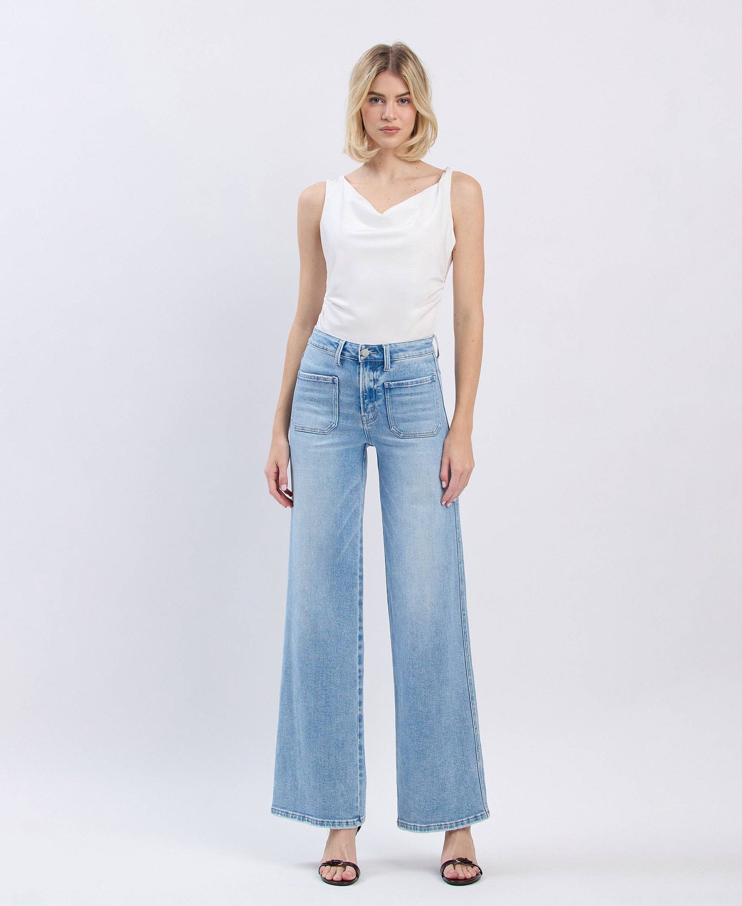 HIGH RISE PATCH POCKET WIDE LEG JEANS