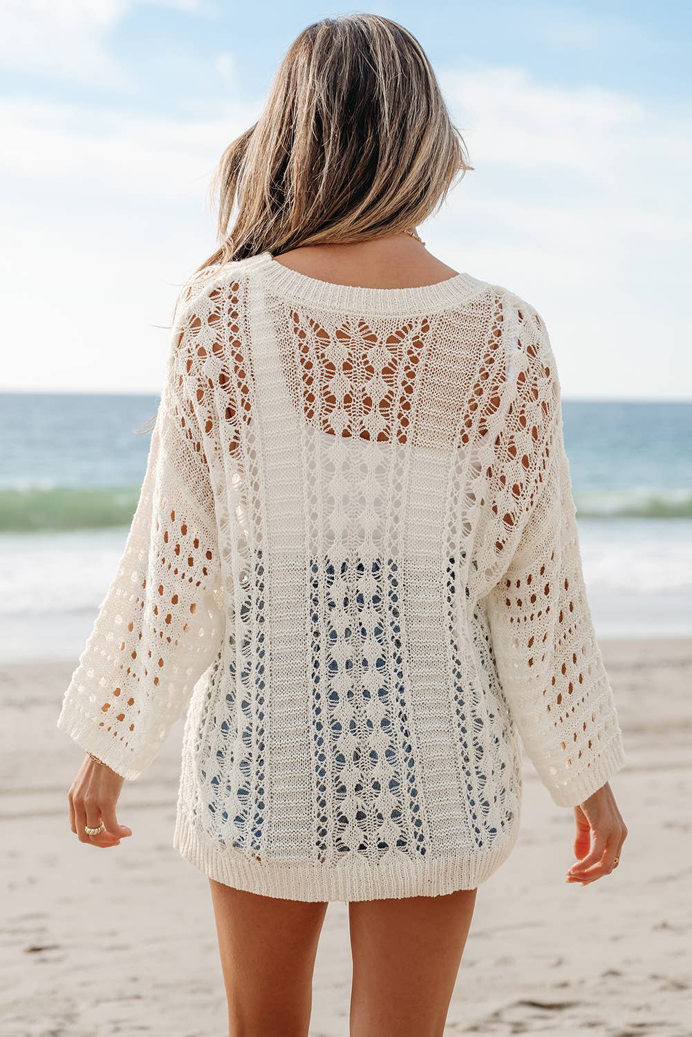 Wide Crochet Knit Drop Shoulder Sweater