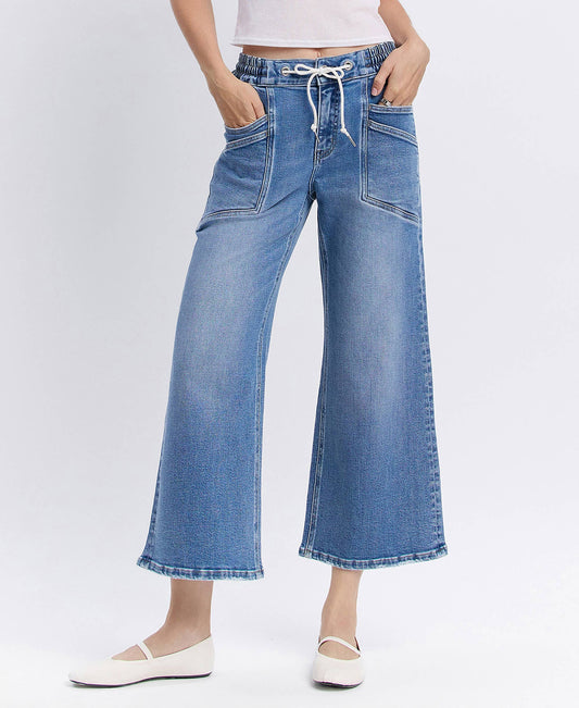 HIGH RISE DRAWSTRING WAISTBAND WIDE LEG JEANS
