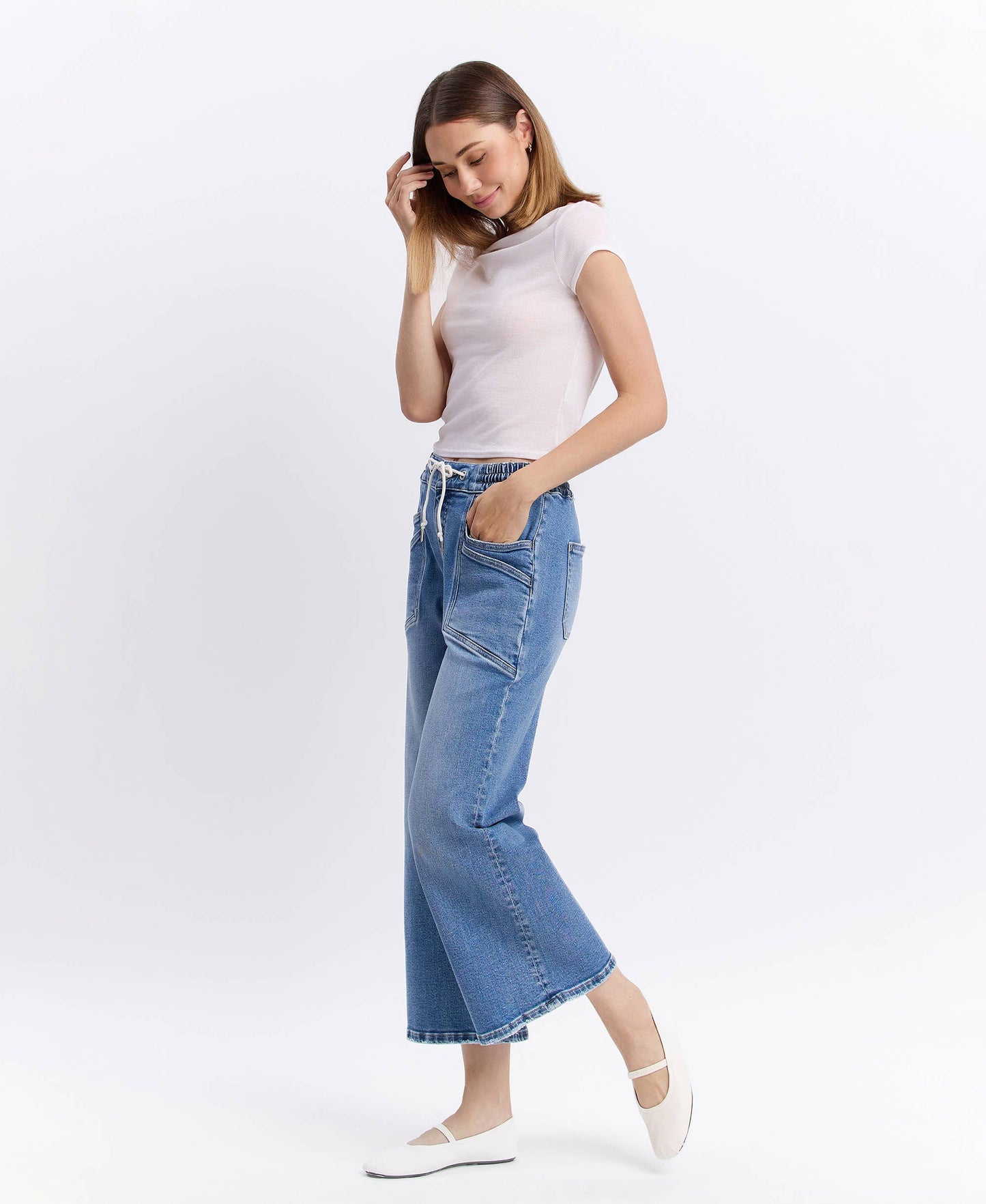 HIGH RISE DRAWSTRING WAISTBAND WIDE LEG JEANS