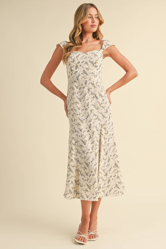 CAP SLEEVE FIT AND FLARE FLORAL PRINTED MIDI DRESS