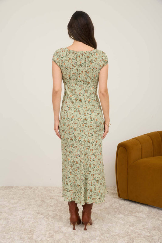 FLORAL SCOOP NECK RUCHED SHORT SLEEVE MIDI DRESS