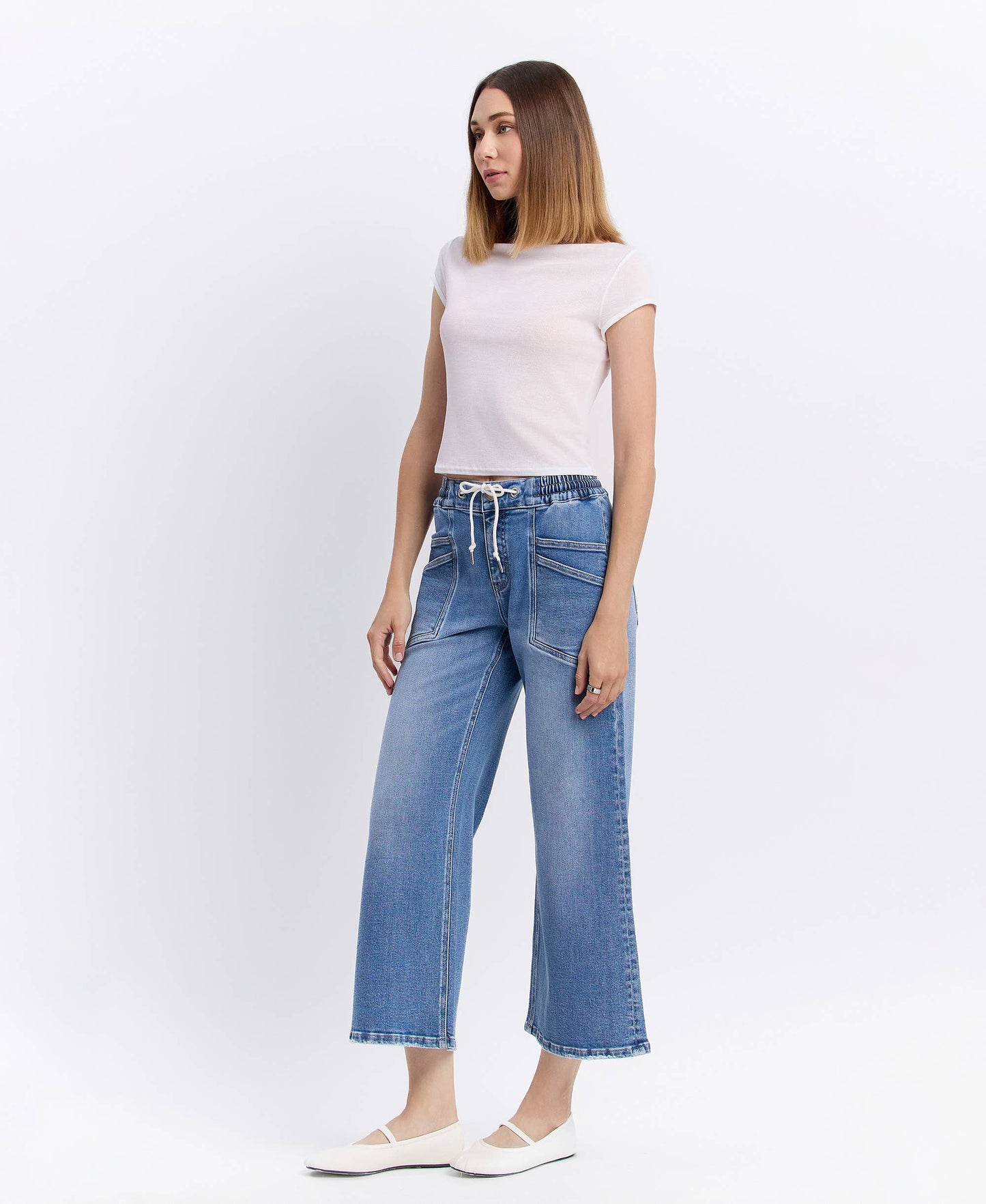 HIGH RISE DRAWSTRING WAISTBAND WIDE LEG JEANS