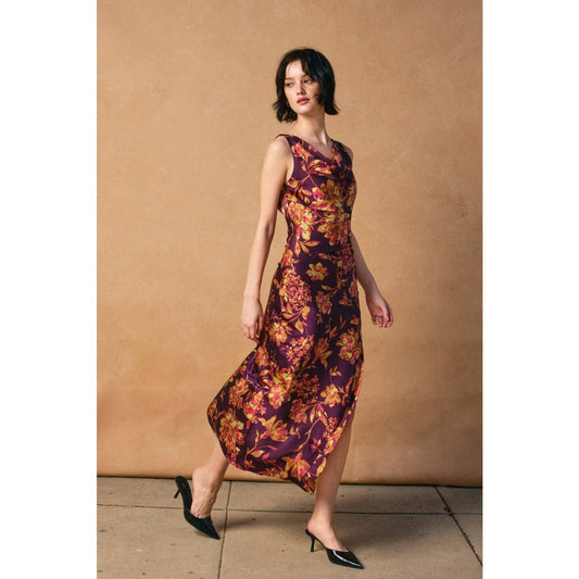 Crimson Garden Deep Drape Neck Midi Dress