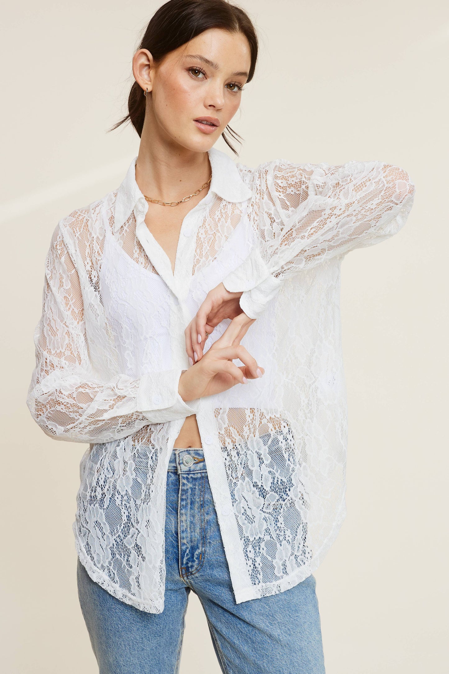 LONG SLEEVE SHEER LACE BUTTON-DOWN SHIRT WITH COLLAR
