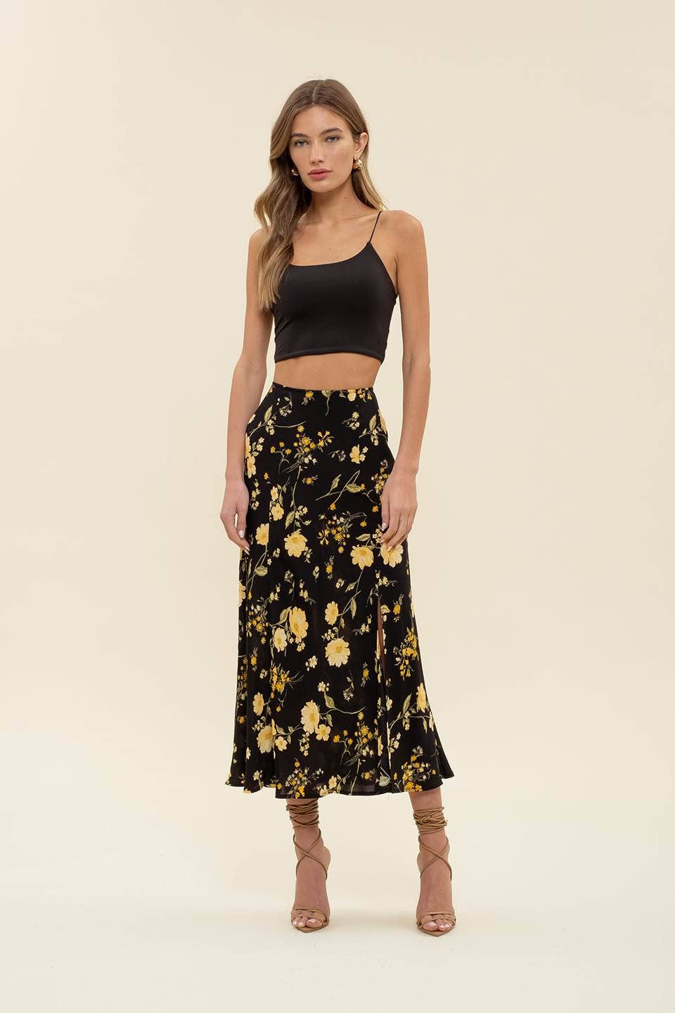 FLORAL HIGH WAIST SIDE SLIT MIDI SKIRT