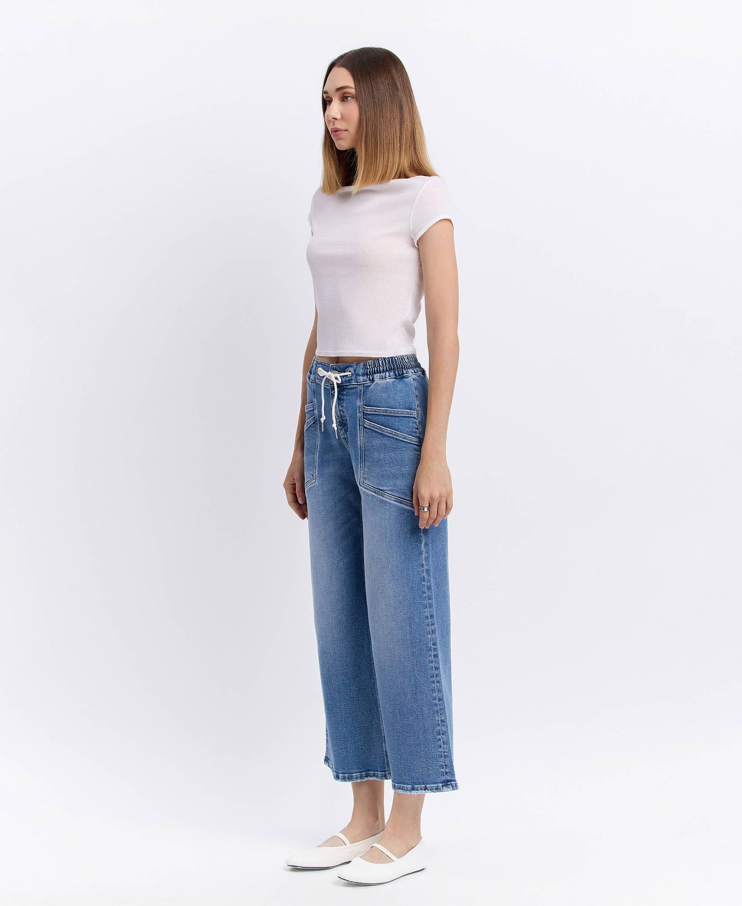 HIGH RISE DRAWSTRING WAISTBAND WIDE LEG JEANS
