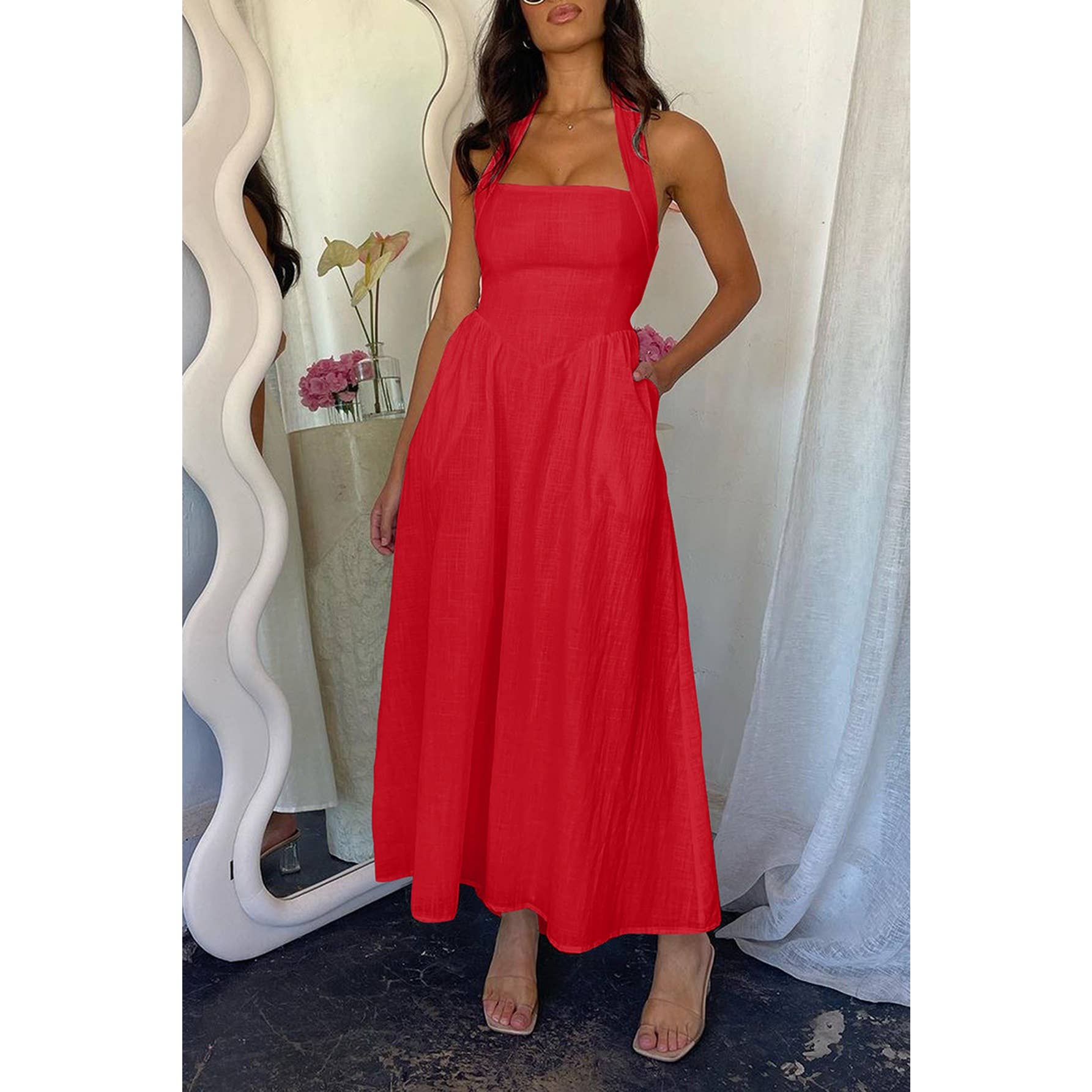 Halter Solid Pockets Sleeveless A Line Long Dress Collabks Halter Solid Pockets Sleeveless A Line Long Dress Collabks