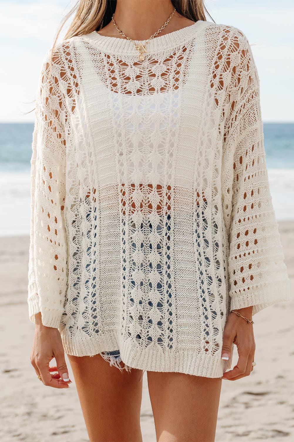 Wide Crochet Knit Drop Shoulder Sweater