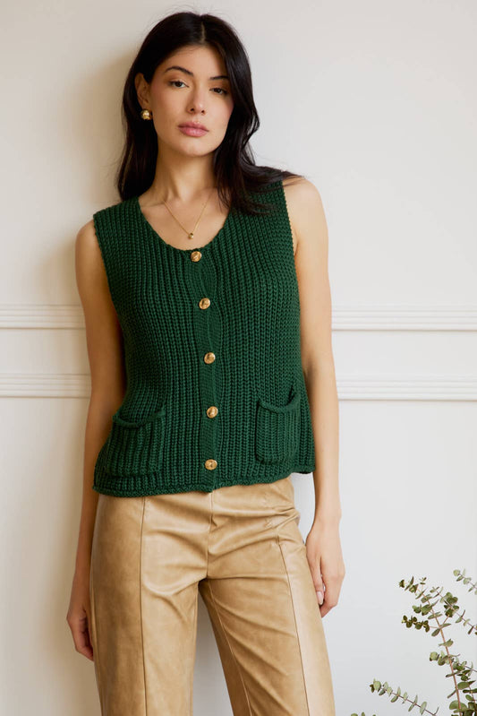 RELAXED BUTTON DOWN CHUNKY SWEATER VEST - GREEN