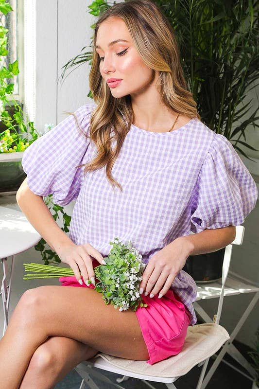 Gingham Printed Crew-Neck Puff Short-Sleeve Blouse