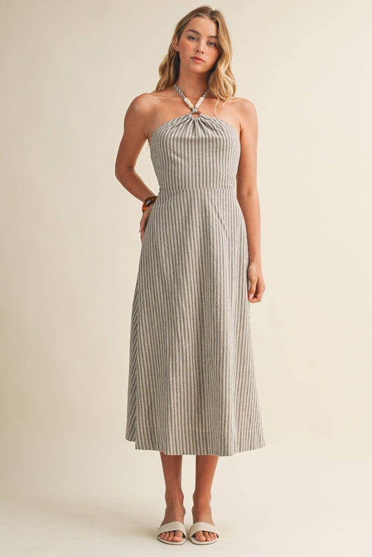 BEADED HALTER STRIPED DRESS