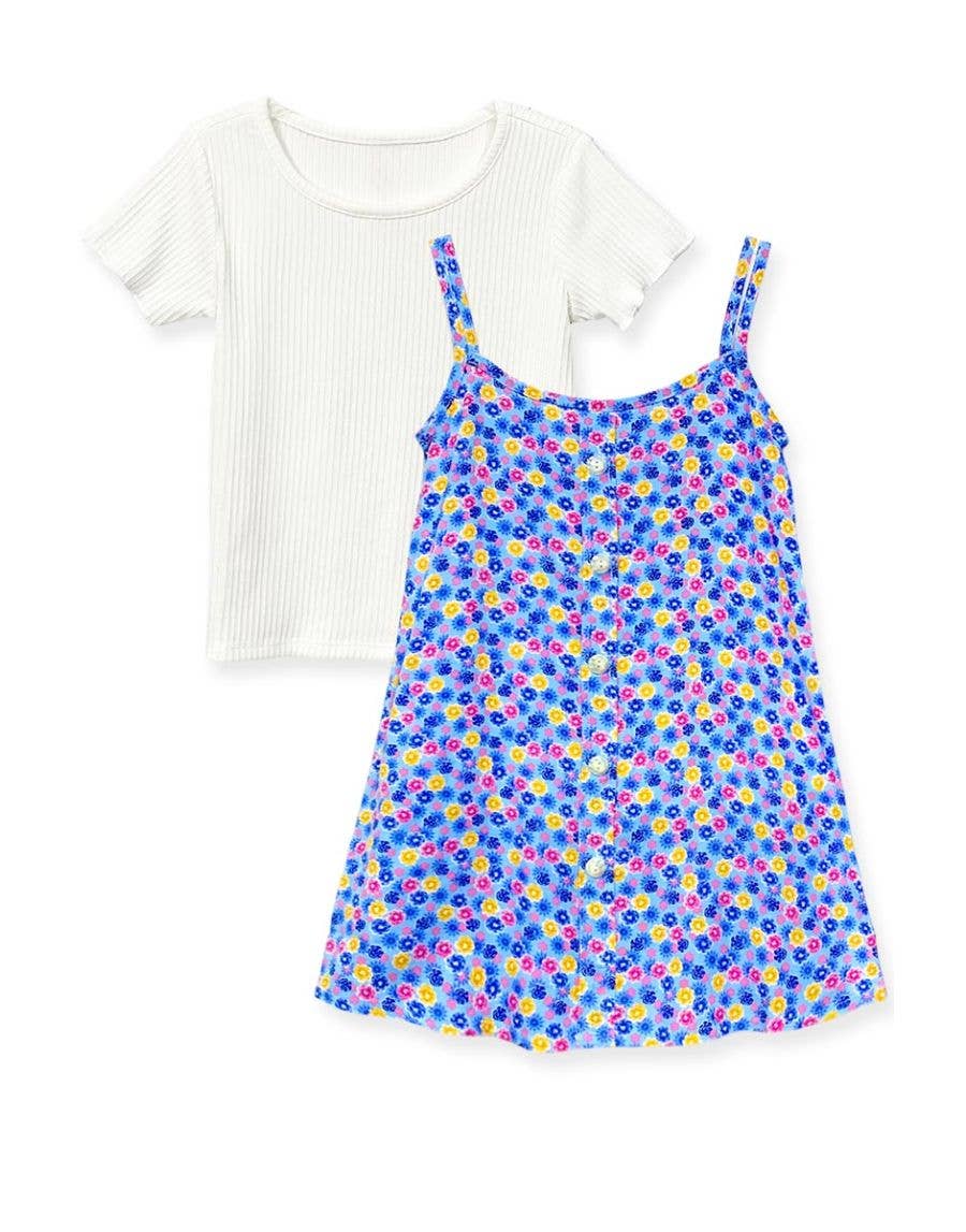 Girl's 2 pcs Floral Dress & Ribbed Tee Set