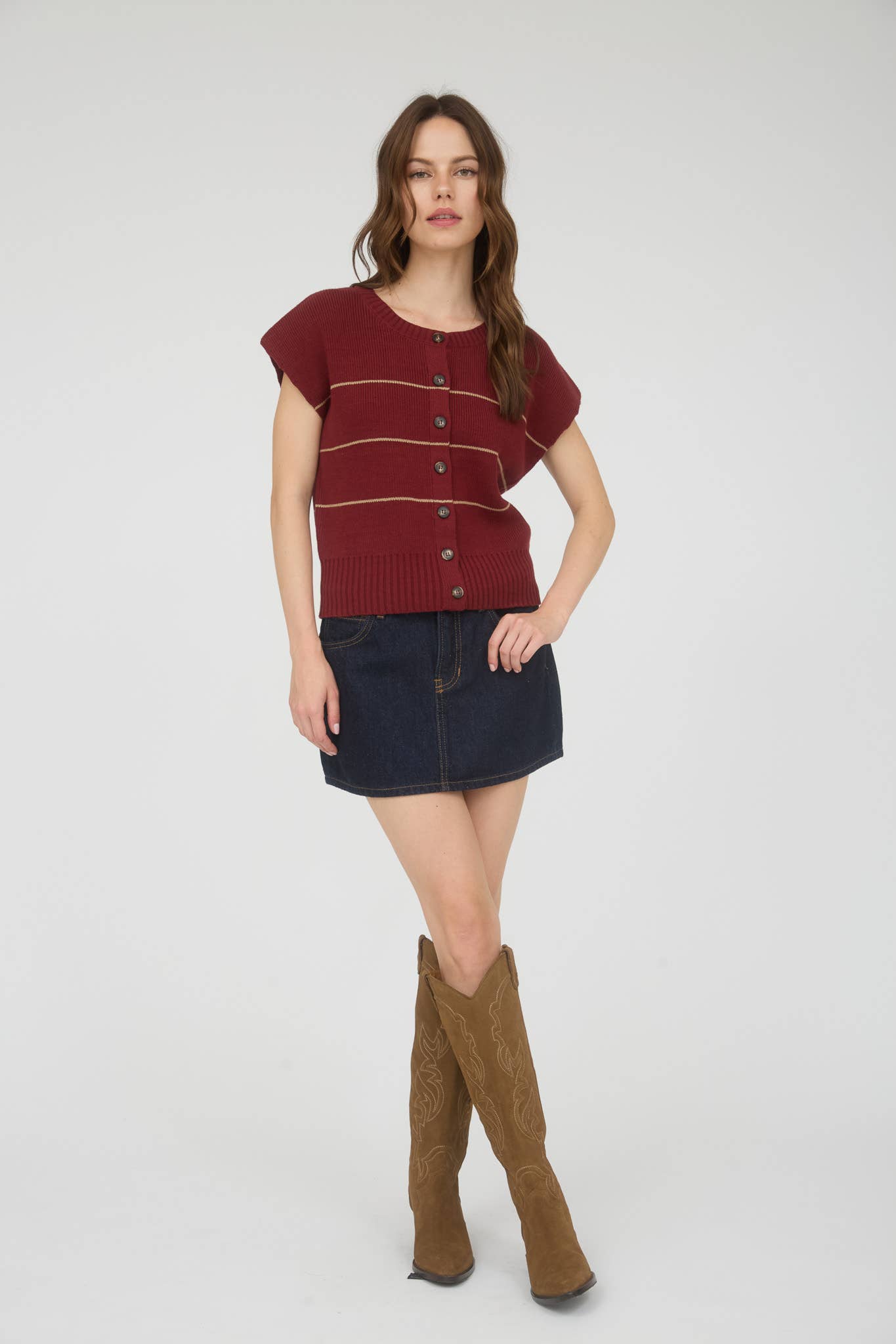 STRIPE BUTTON DOWN SHORT SLEEVE KNIT CARDIGAN