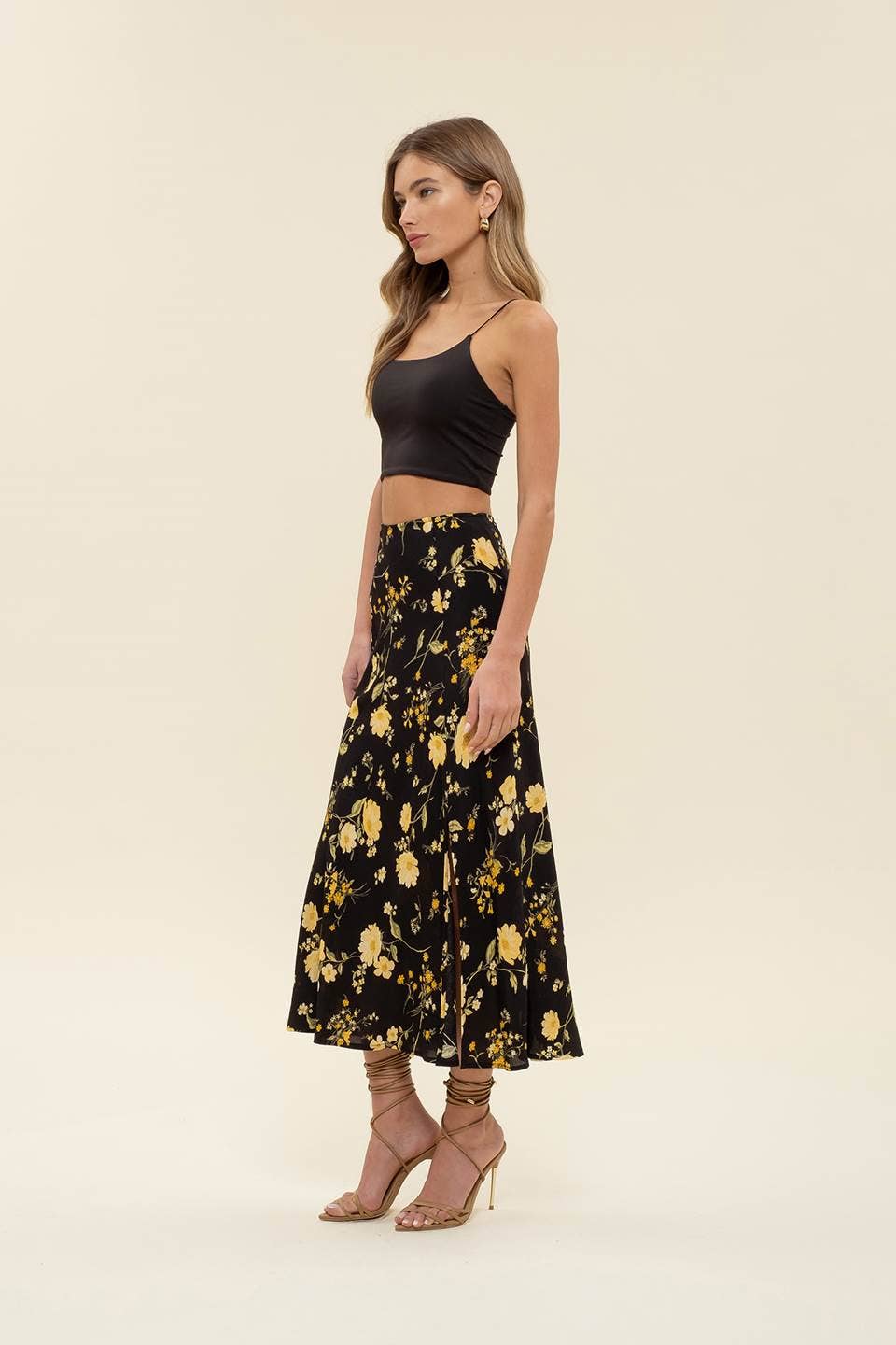 FLORAL HIGH WAIST SIDE SLIT MIDI SKIRT