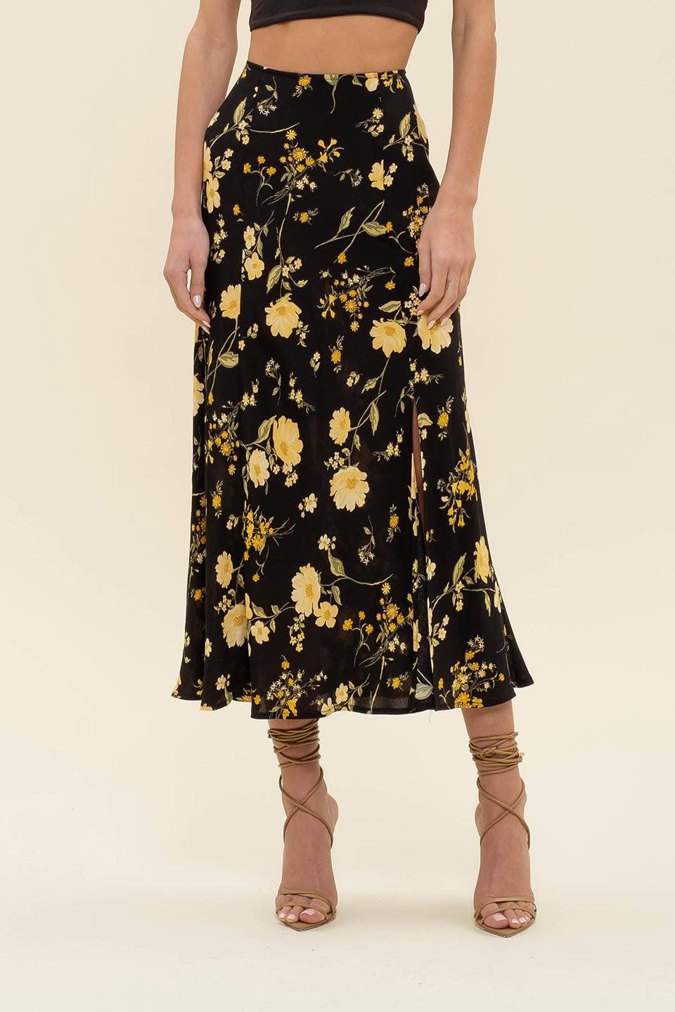 FLORAL HIGH WAIST SIDE SLIT MIDI SKIRT