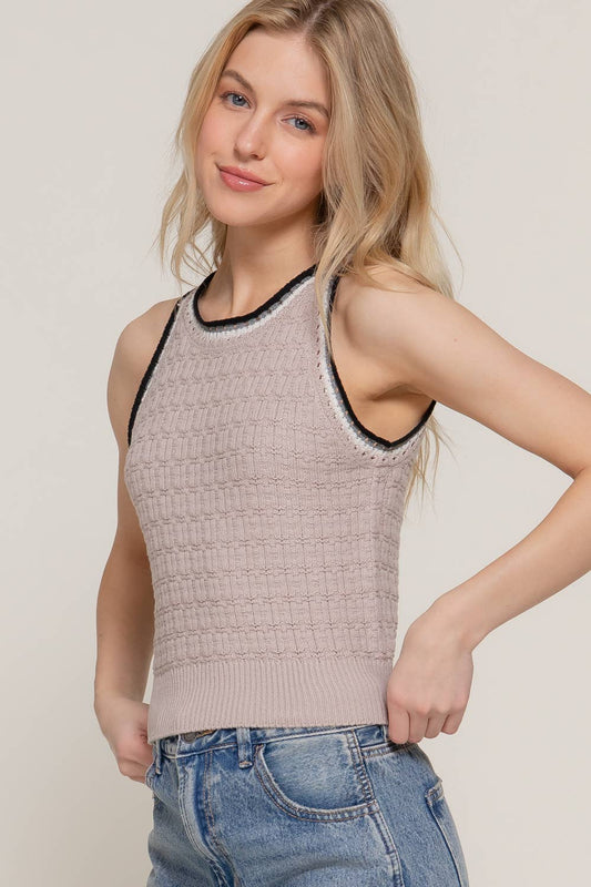 Contrast Color Halter Neck Crochet Sweater