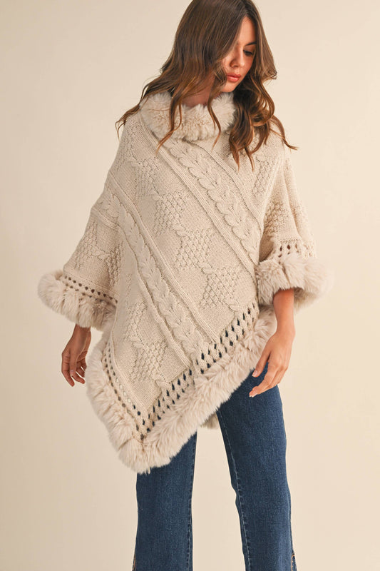 FAUX FUR TRIM SWEATER PONCHO