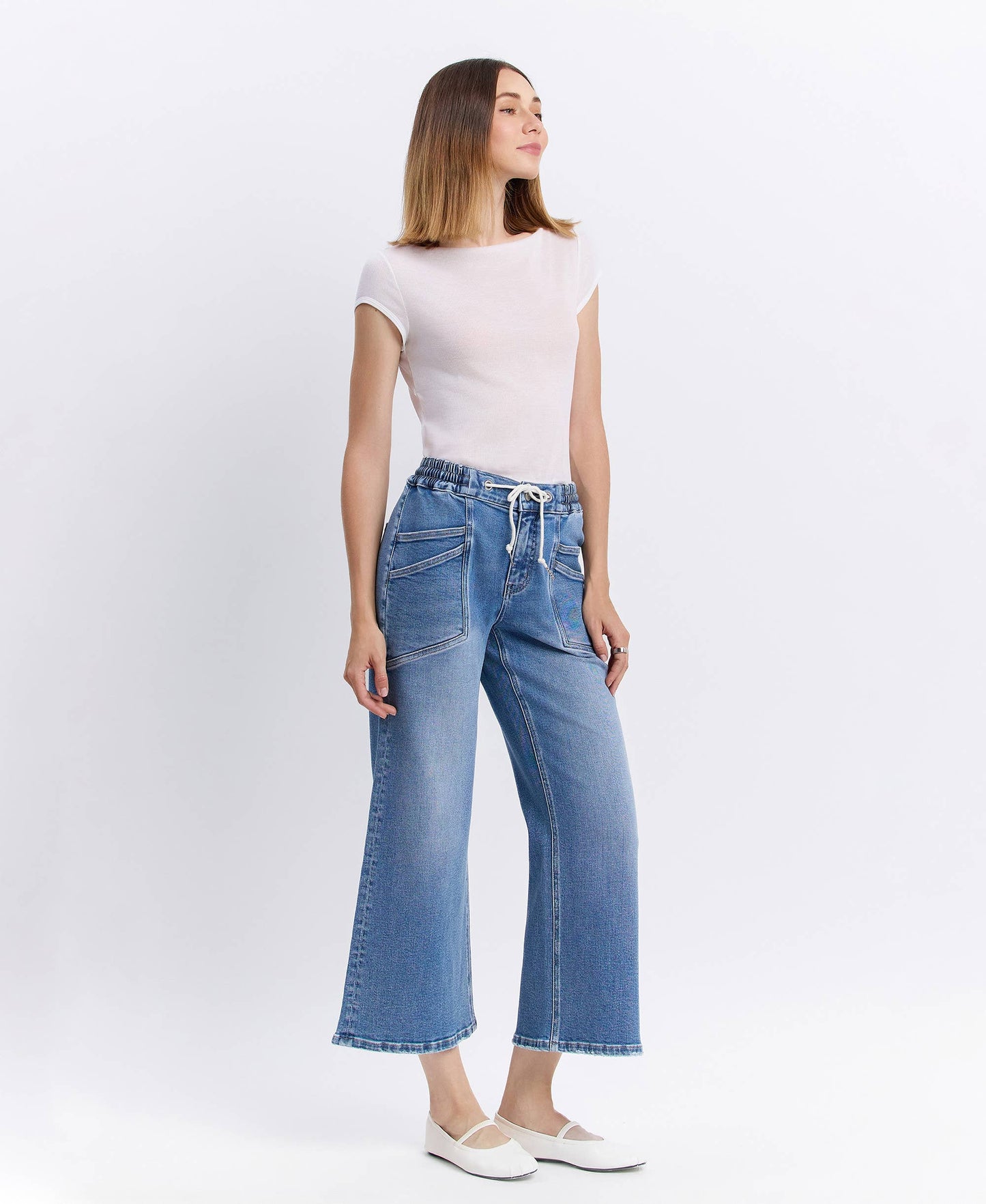 HIGH RISE DRAWSTRING WAISTBAND WIDE LEG JEANS