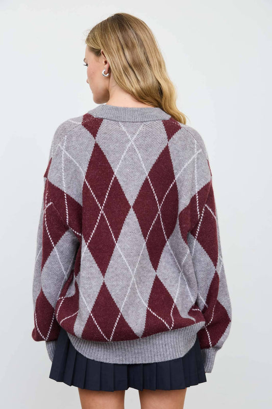 OVERSIZED ARGYLE CREW NECK KNIT PULLOVER