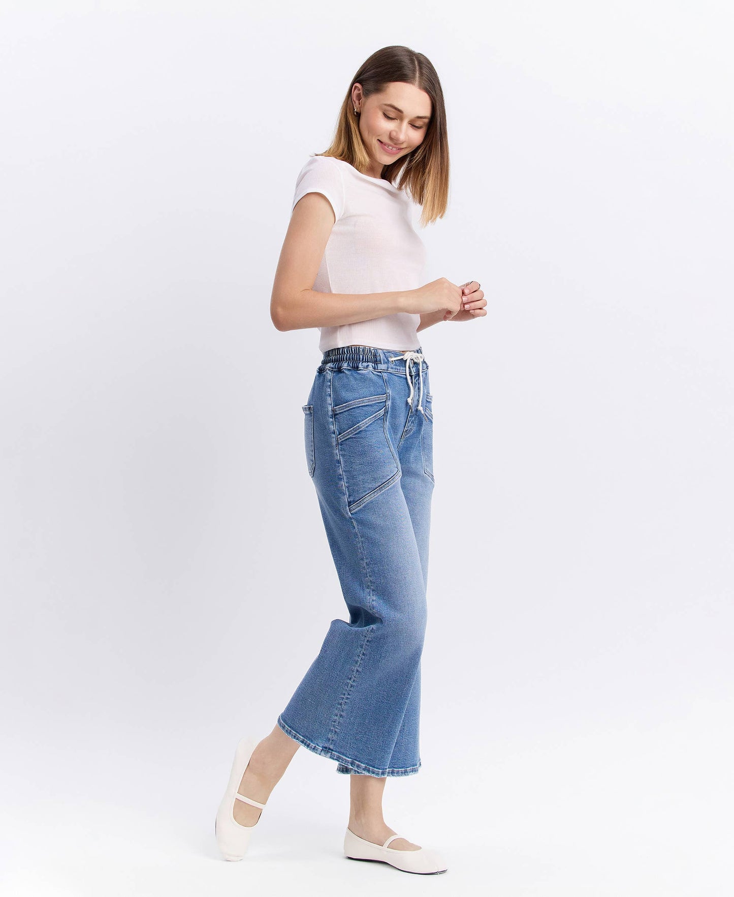 HIGH RISE DRAWSTRING WAISTBAND WIDE LEG JEANS