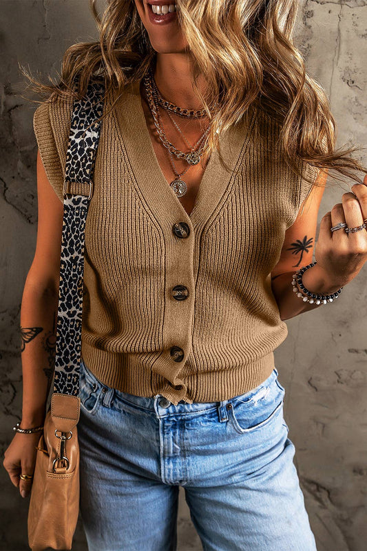 Buttoned Front Sweater Vest - Caramel