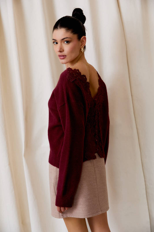 BACK LACE TRIM LONG SLEEVE SWEATER
