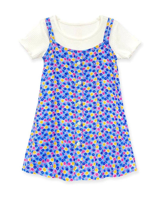 Girl's 2 pcs Floral Dress & Ribbed Tee Set