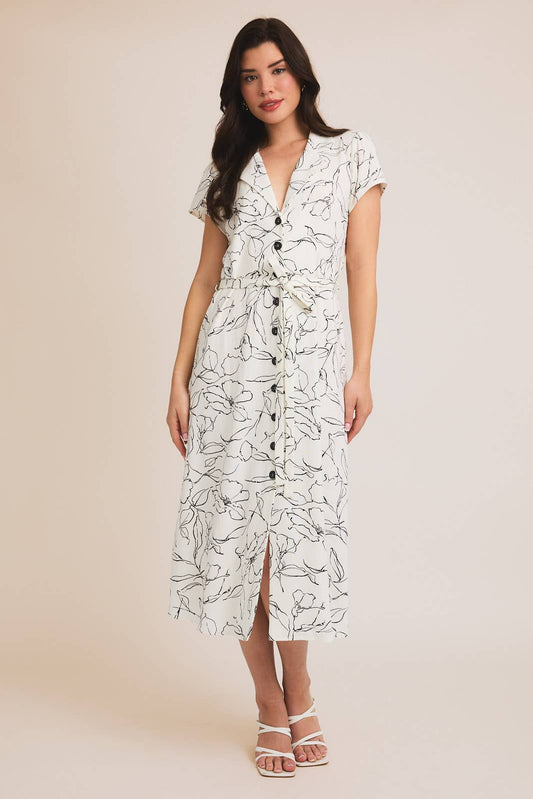 COLLAR BUTTON UP SHORT SLEEVE WAIST TIE FLORAL PRINT DRESS