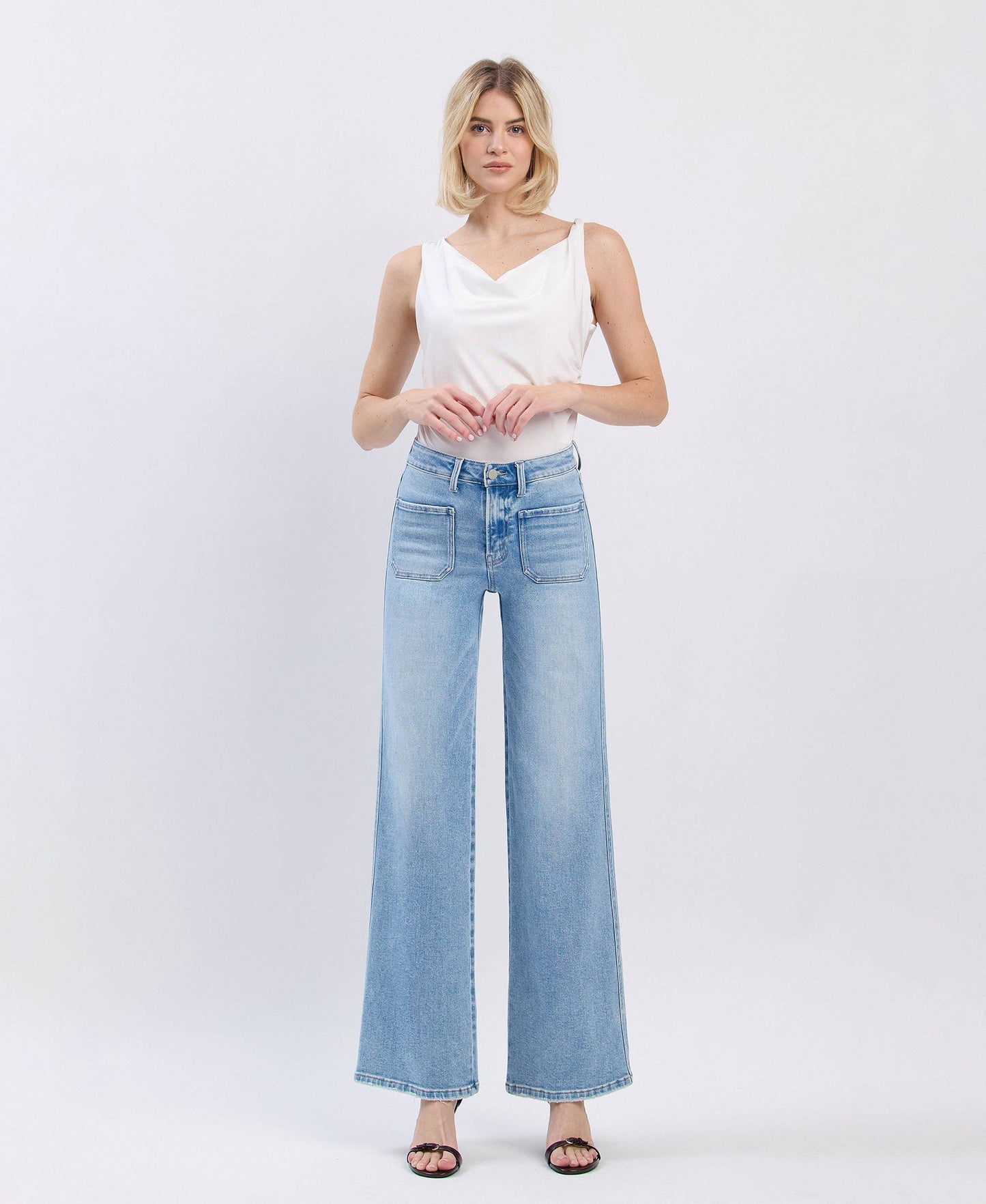HIGH RISE PATCH POCKET WIDE LEG JEANS