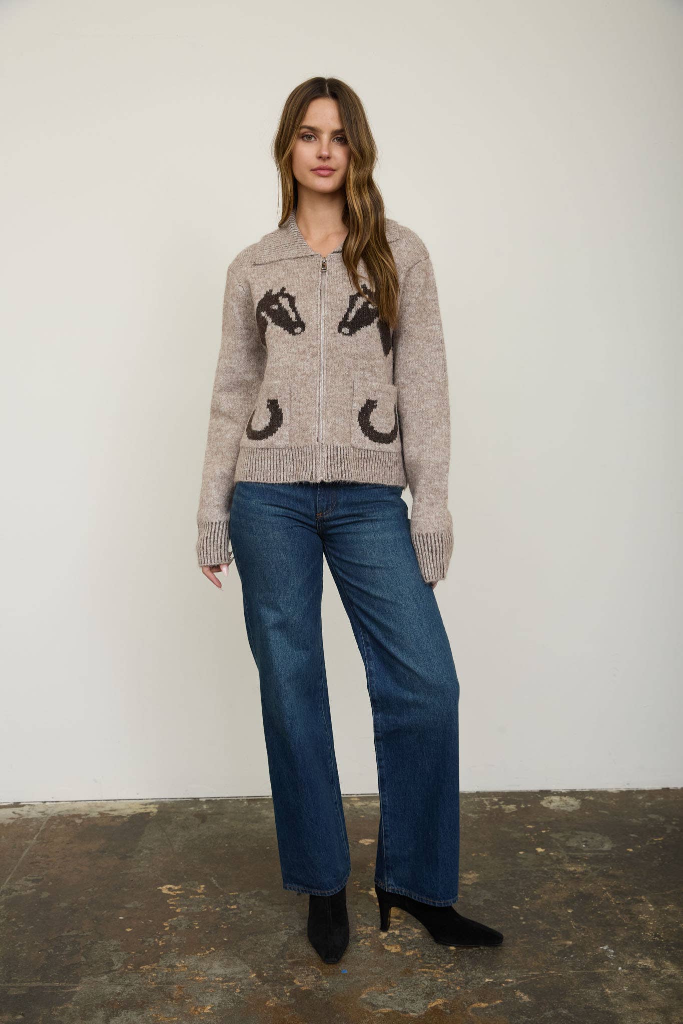 WESTERN JACQUARD COLLARED ZIP-UP KNIT CARDIGAN