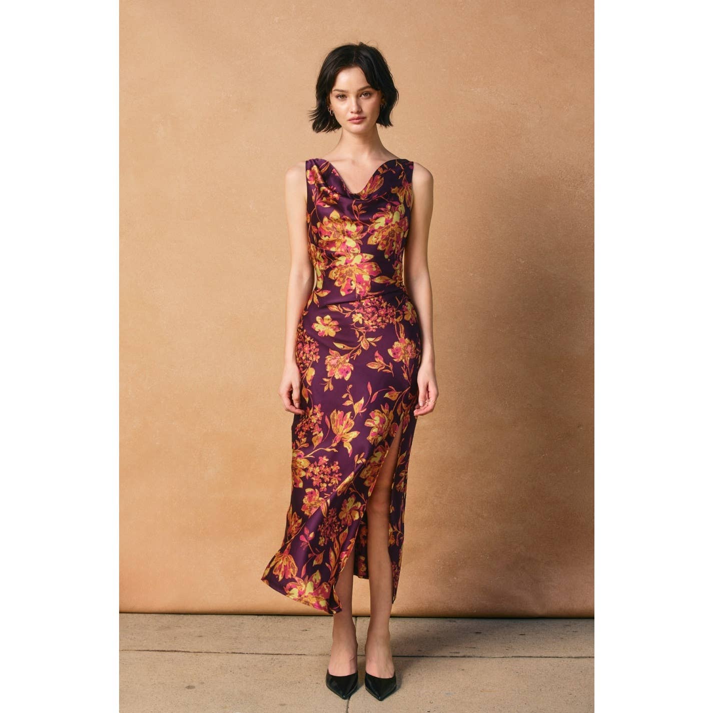 Crimson Garden Deep Drape Neck Midi Dress