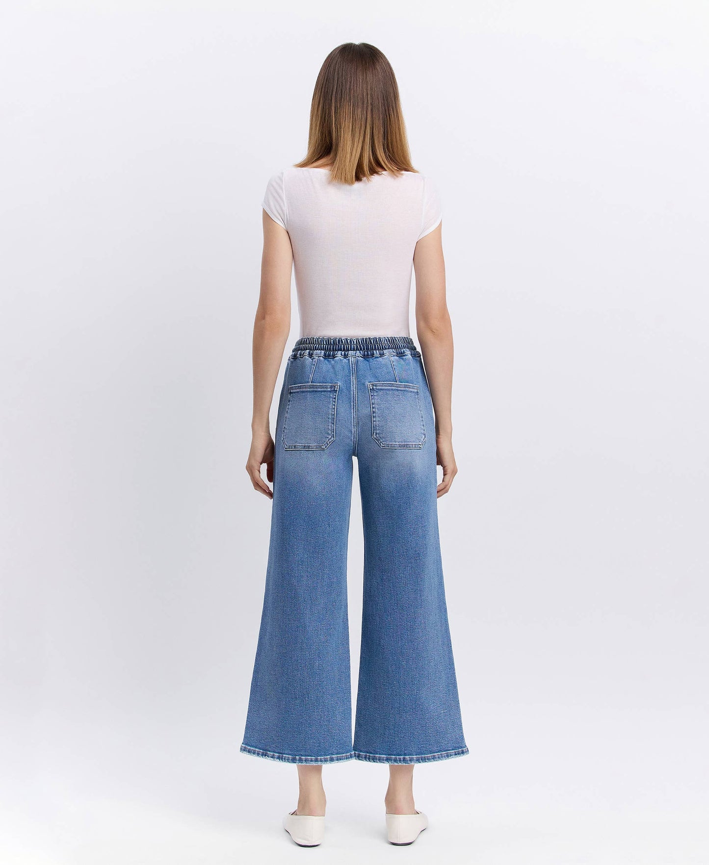HIGH RISE DRAWSTRING WAISTBAND WIDE LEG JEANS