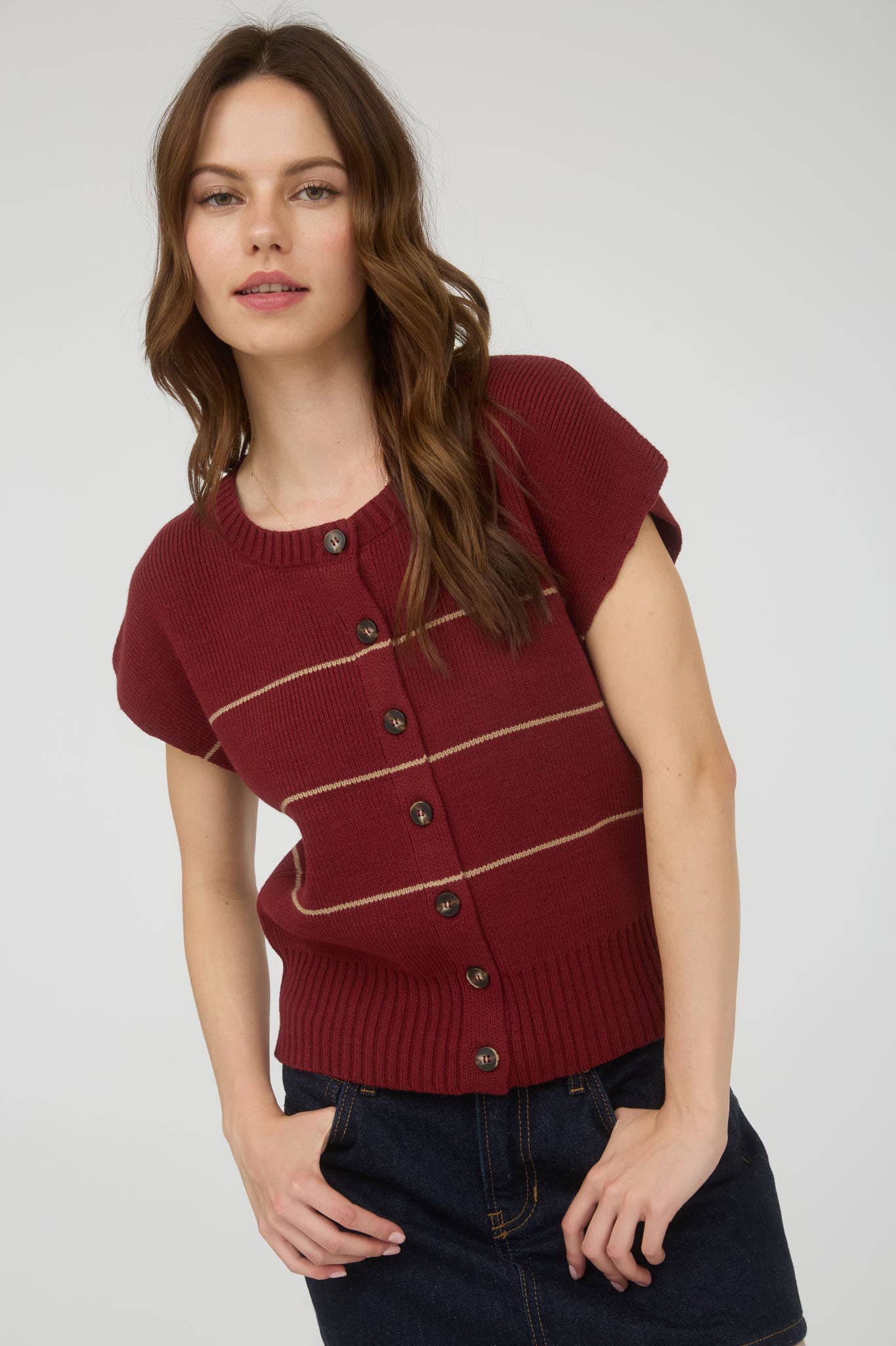 STRIPE BUTTON DOWN SHORT SLEEVE KNIT CARDIGAN