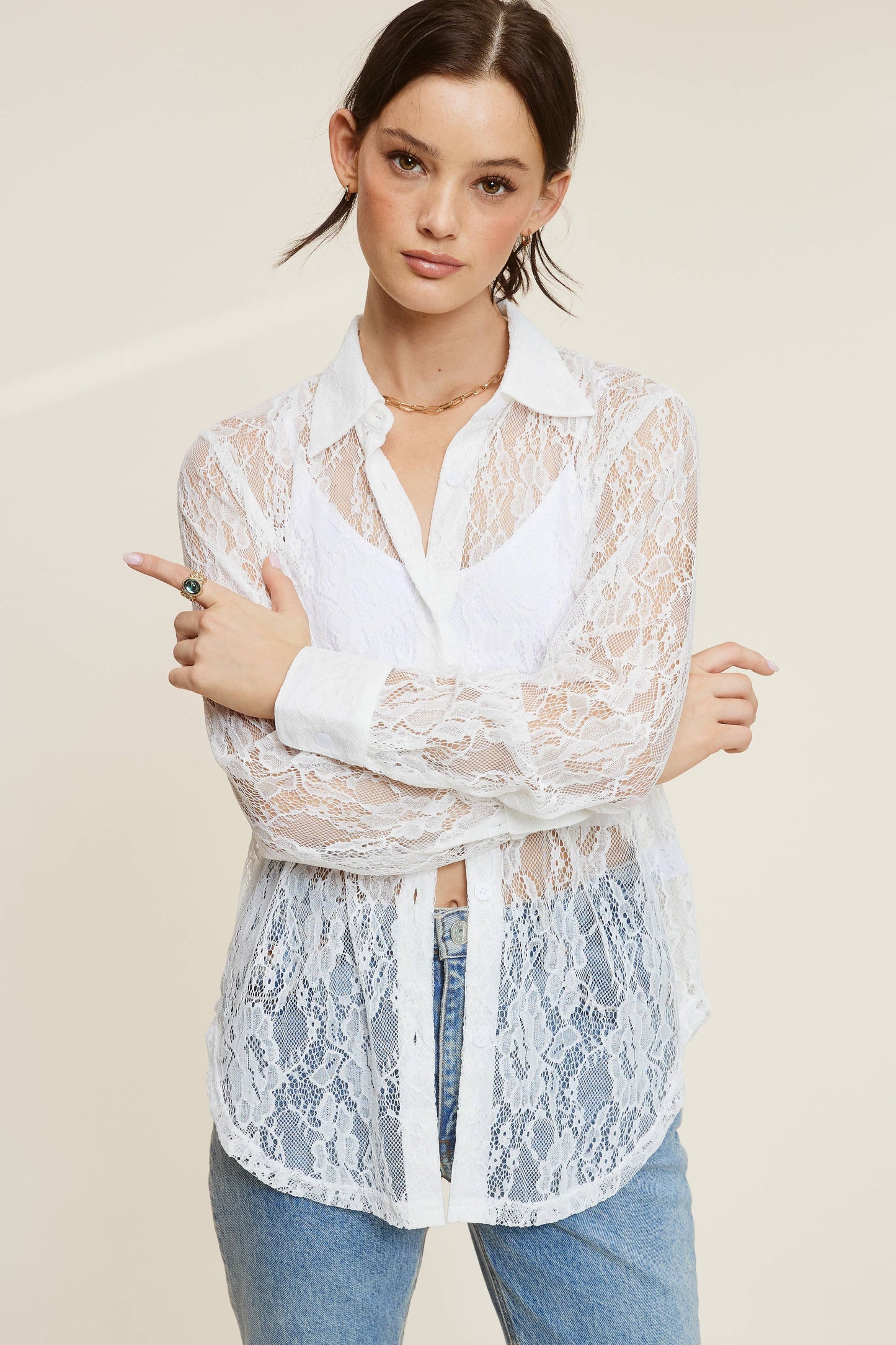 LONG SLEEVE SHEER LACE BUTTON-DOWN SHIRT WITH COLLAR