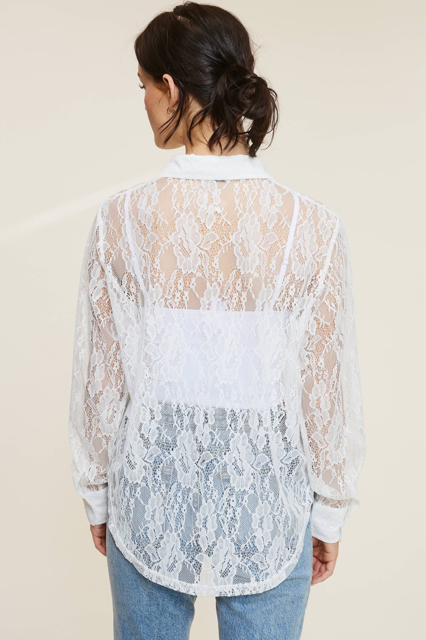 LONG SLEEVE SHEER LACE BUTTON-DOWN SHIRT WITH COLLAR