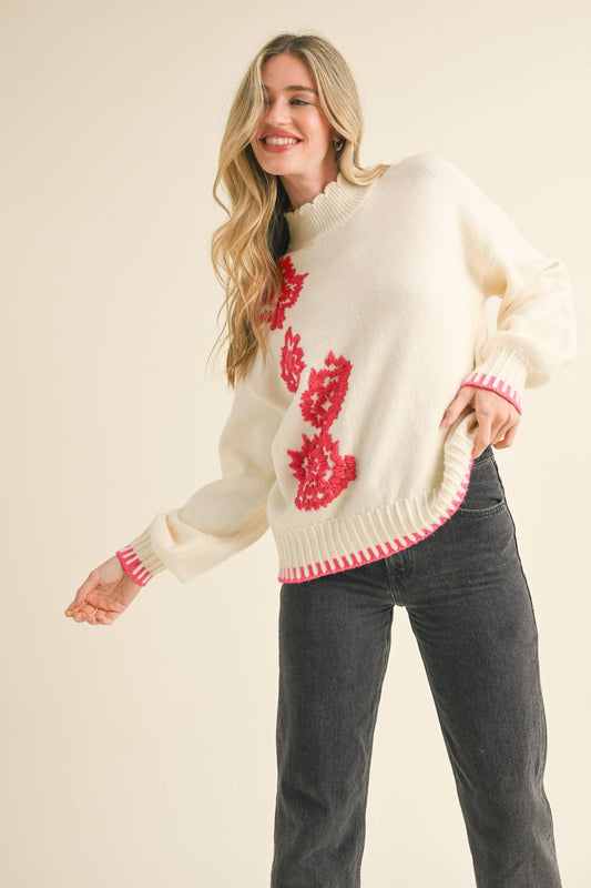 FLORAL EMBROIDERY MOCK NECK SWEATER