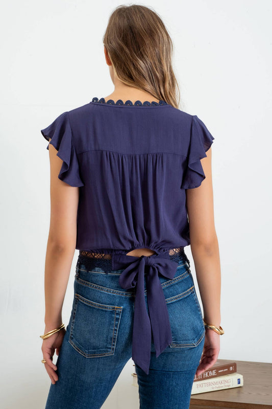 SCALLOP LACE TRIM BACK TIE SHORT SLEEVE CROP TOP