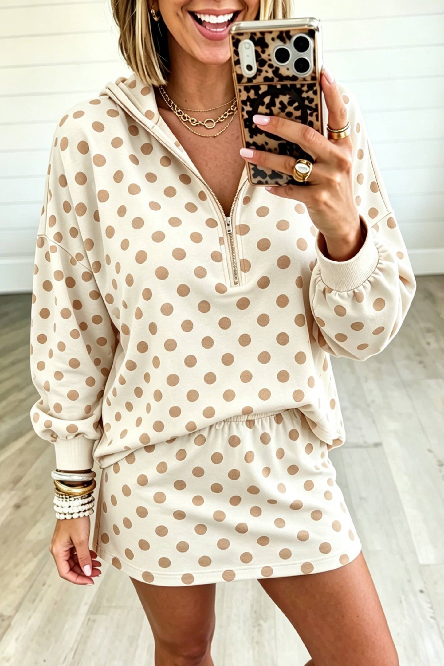 Polka Dot Hooded Long Sleeve Top Casual Mini Skort Set