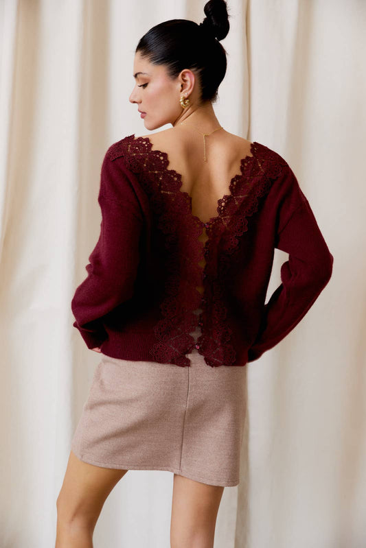 BACK LACE TRIM LONG SLEEVE SWEATER
