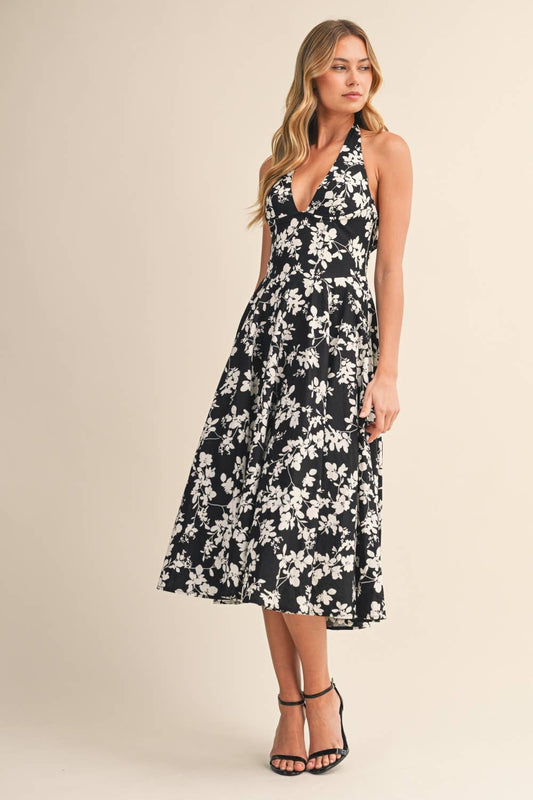 FLOWER PRINTED HALTER MIDI DRESS
