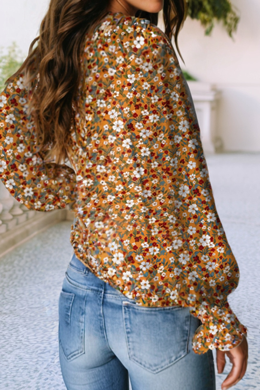 Boho Floral Ruffled Bubble Sleeve V Neck Fall Blouse