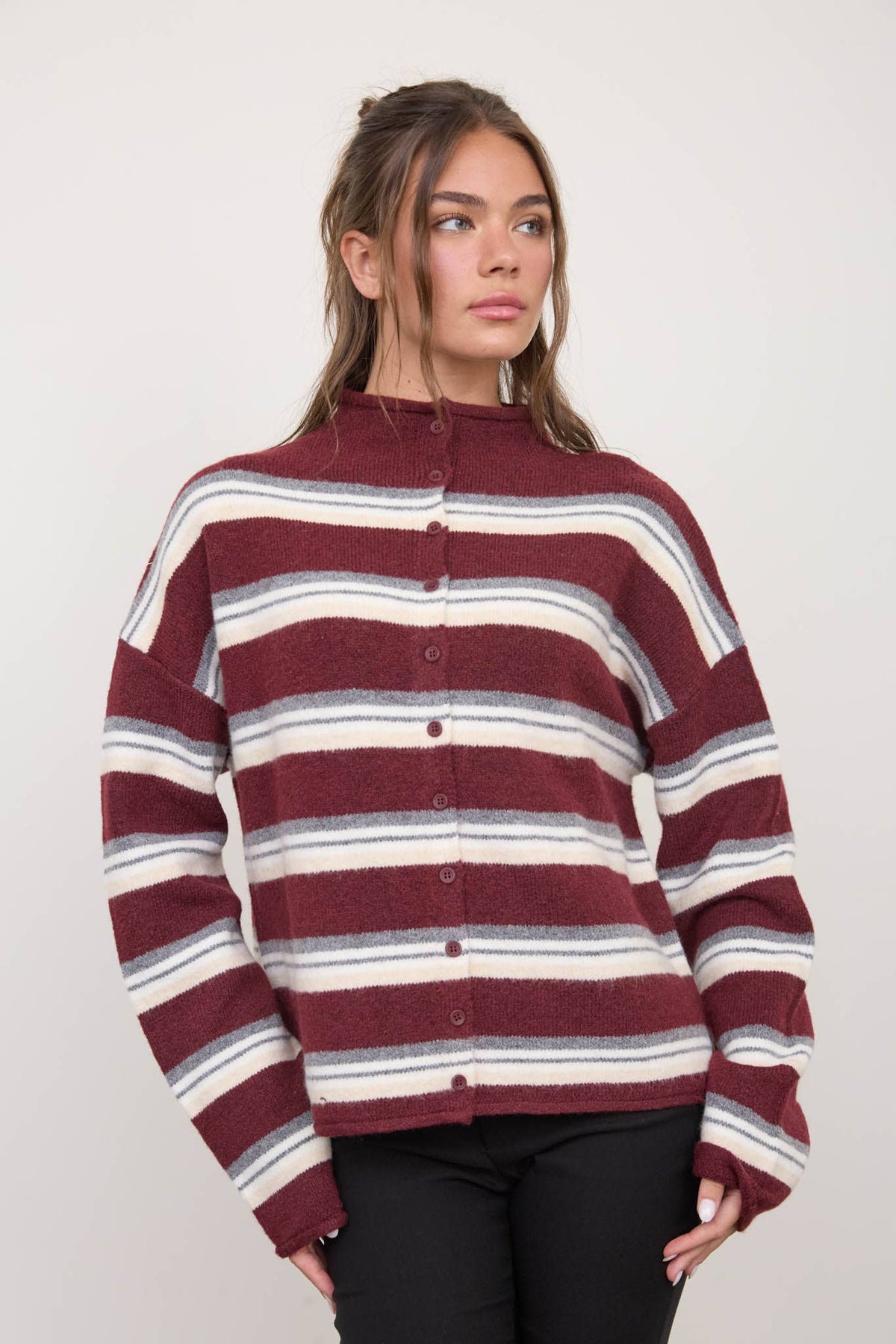 MULTI-COLOR STRIPE ROLLED NECK KNIT CARDIGAN