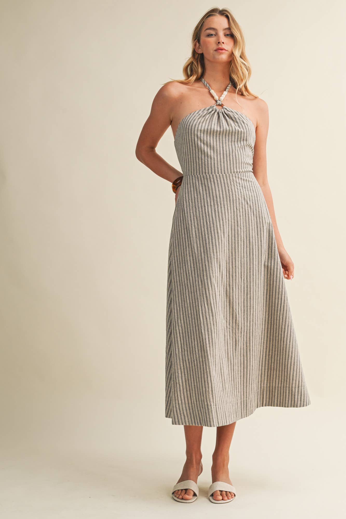 BEADED HALTER STRIPED DRESS